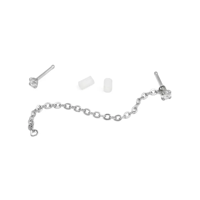 Female Sex Toys Painful Pleasures 20g 14 Crystal Nose Bones with Chain Set of Two Pairs