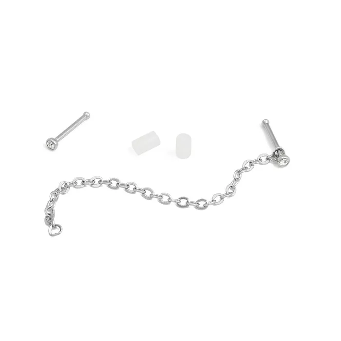 Female Sex Toys Painful Pleasures 20g 14 Crystal Nose Bones with Chain Set of Two Pairs