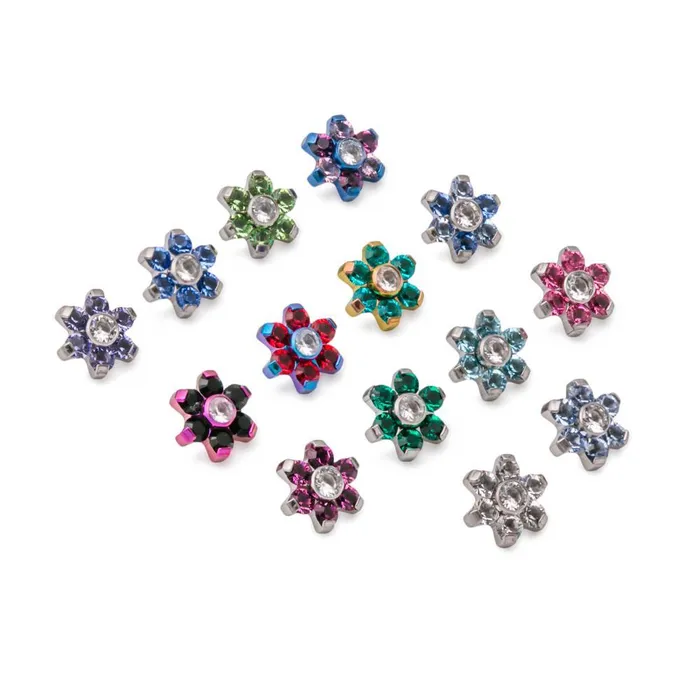 Tilum Male Sex Toys Tilum 18g16g Internally Threaded Titanium Jewel Flower Top with Crystal Center Choose Petal Jewel Color Price Per 1