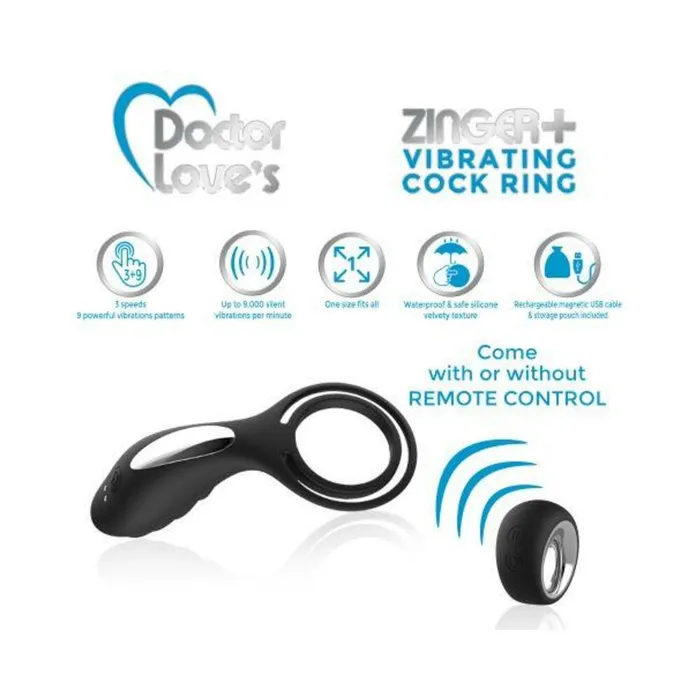 DOCTOR LOVE ZINGER VIBRATING RECHARGEABLE COCK RING W REMOTE BLACK Fairvillacom Male Sex Toys