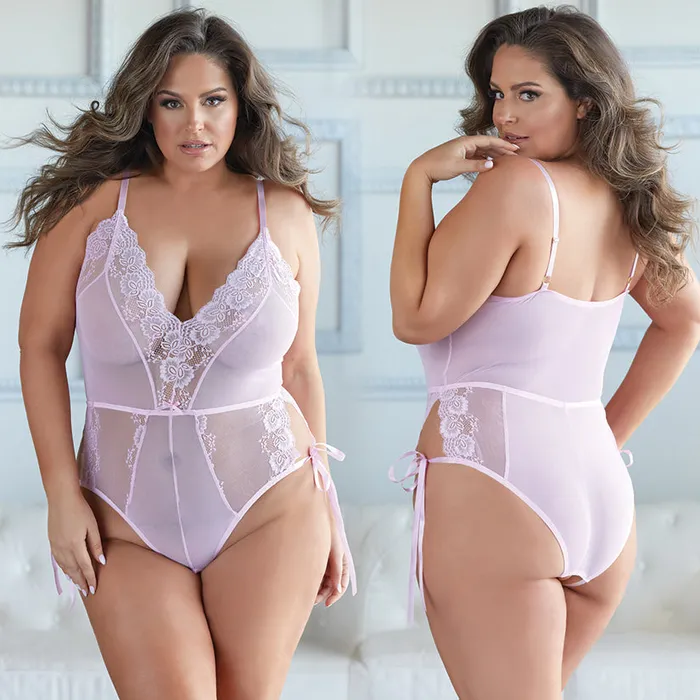 Fairvillacom Vibrators Allure Belle Lace Mesh Tie Up Romper Pink 1X2X
